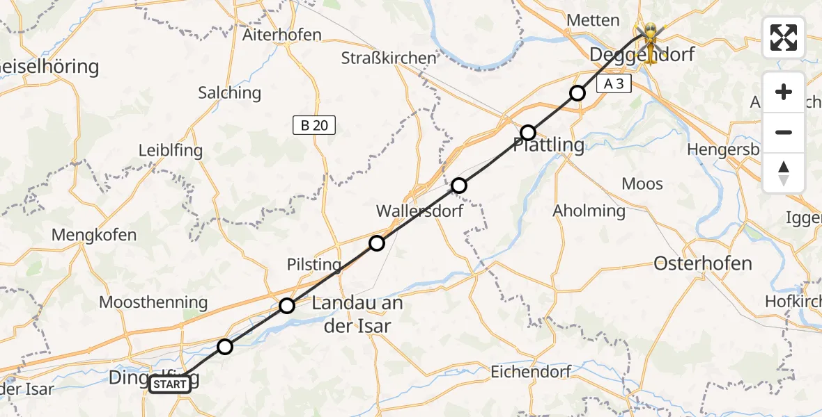 Flugroute Rettungshubschrauber Gottfrieding - Deggendorf, 09 Mai 2026, 09:06