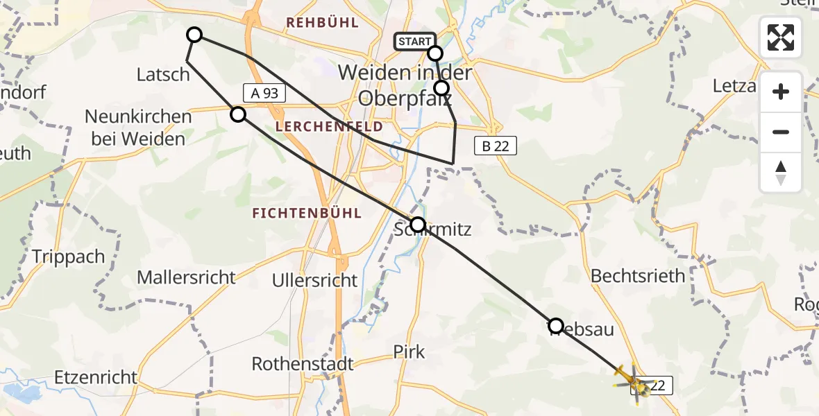 Flugroute Rettungshubschrauber Weiden Hospital - Irchenrieth, 09 Mai 2026, 09:13