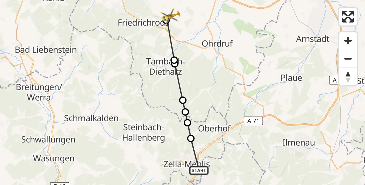 Flugroute Rettungshubschrauber Zella-Mehlis - Friedrichroda, 09 Mai 2026, 09:20