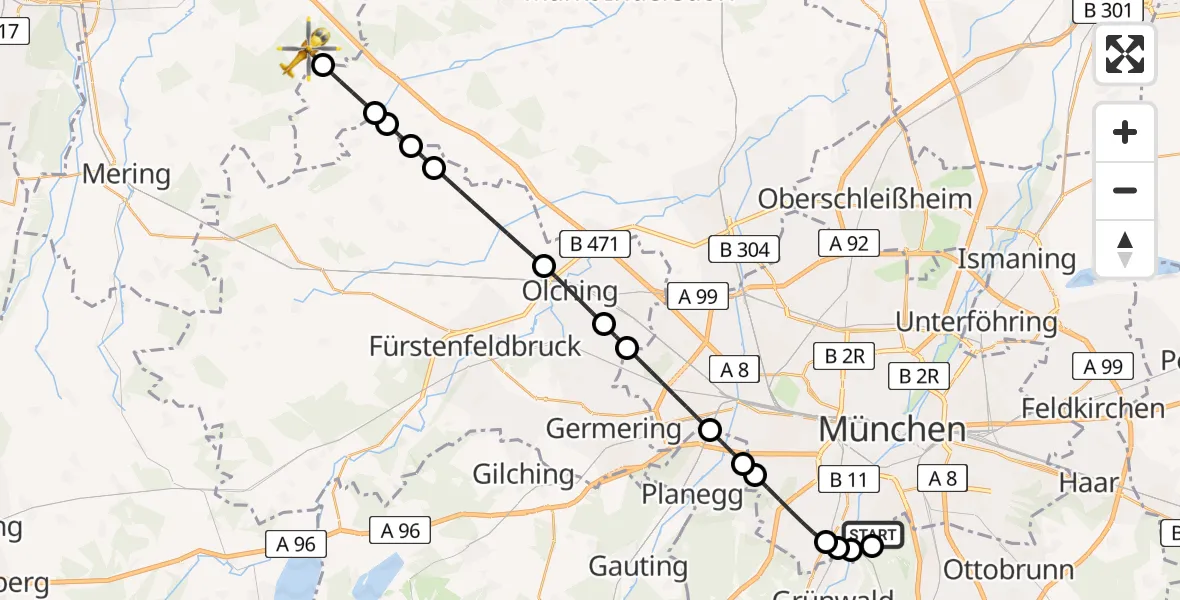 Flugroute Rettungshubschrauber ADAC Air Rescue Center Hubschrauberlandeplatz (Christoph 1) - Eurasburg, 09 Mai 2026, 09:24