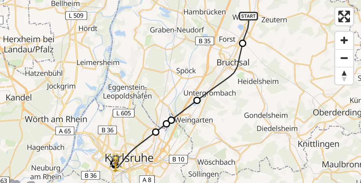 Flugroute Rettungshubschrauber Ubstadt-Weiher - Sankt Vincentius Hospital, 09 Mai 2026, 09:26
