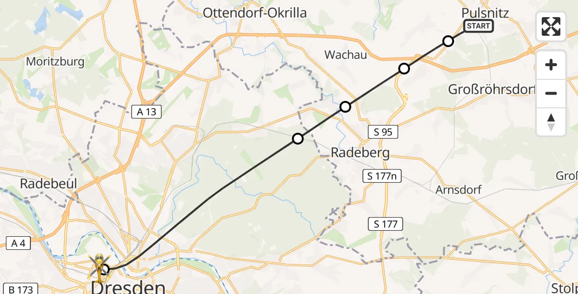 Flugroute Rettungshubschrauber Pulsnitz - Dresden Friedrichstadt Hospital, 09 Mai 2026, 09:32