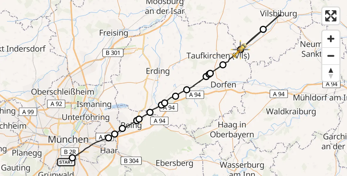 Flugroute Rettungshubschrauber Perlacher Forst - Taufkirchen (Vils), 09 Mai 2026, 09:32