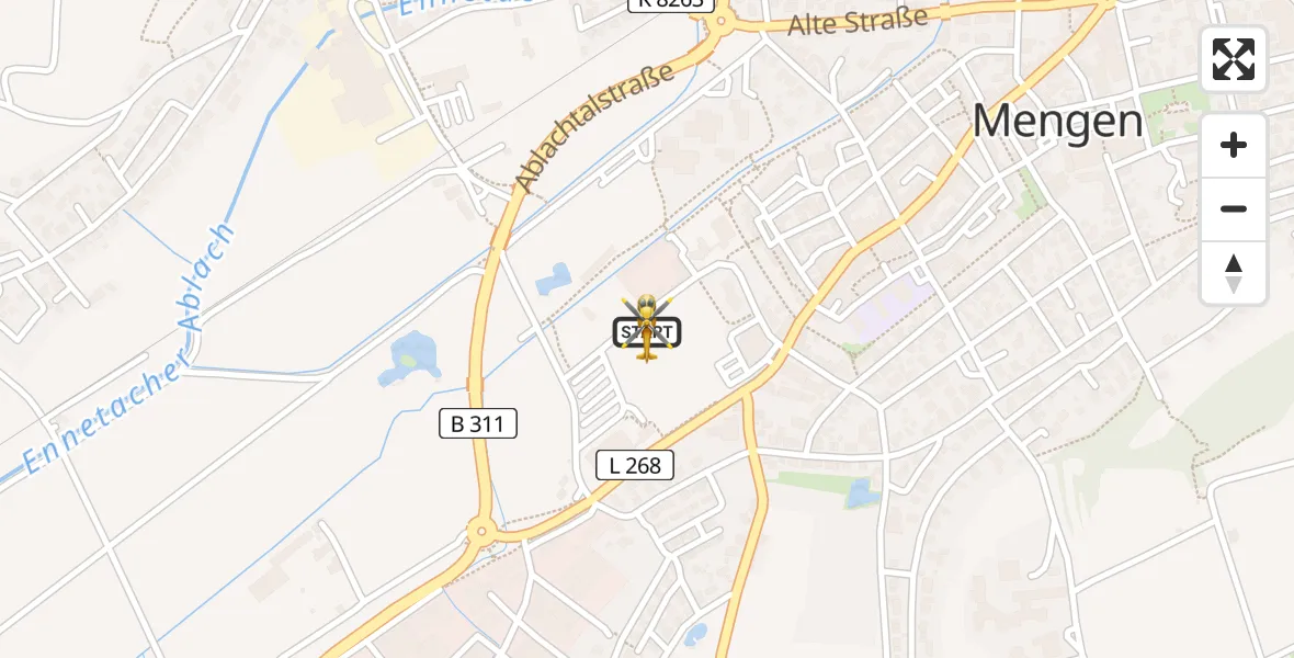 Flugroute Rettungshubschrauber Mengen - Mengen, 09 Mai 2026, 09:34