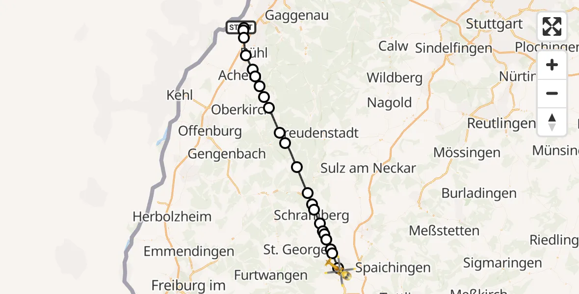 Flugroute Rettungshubschrauber Karlsruhe Baden-Baden Flughafen - DRF Air Rescue Station Villingen-Schwenningen Hubschrauberlandeplatz (Christoph 11), 09 Mai 2026, 09:38