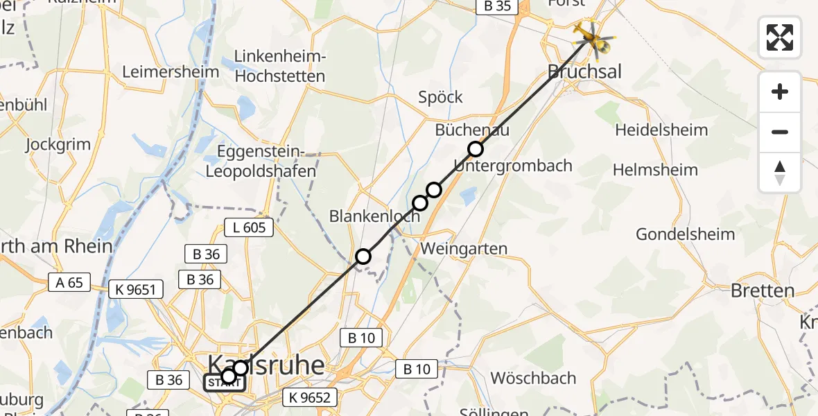 Flugroute Rettungshubschrauber Sankt Vincentius Hospital - Bruchsal, 09 Mai 2026, 09:39