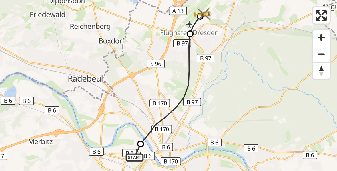 Flugroute Rettungshubschrauber Dresden Friedrichstadt Hospital - Dresden Bundespolizei Hubschrauberlandeplatz, 09 Mai 2026, 09:42