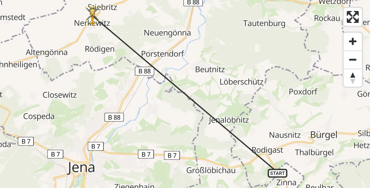 Flugroute Rettungshubschrauber Bürgel - Lehesten, 09 Mai 2026, 09:45
