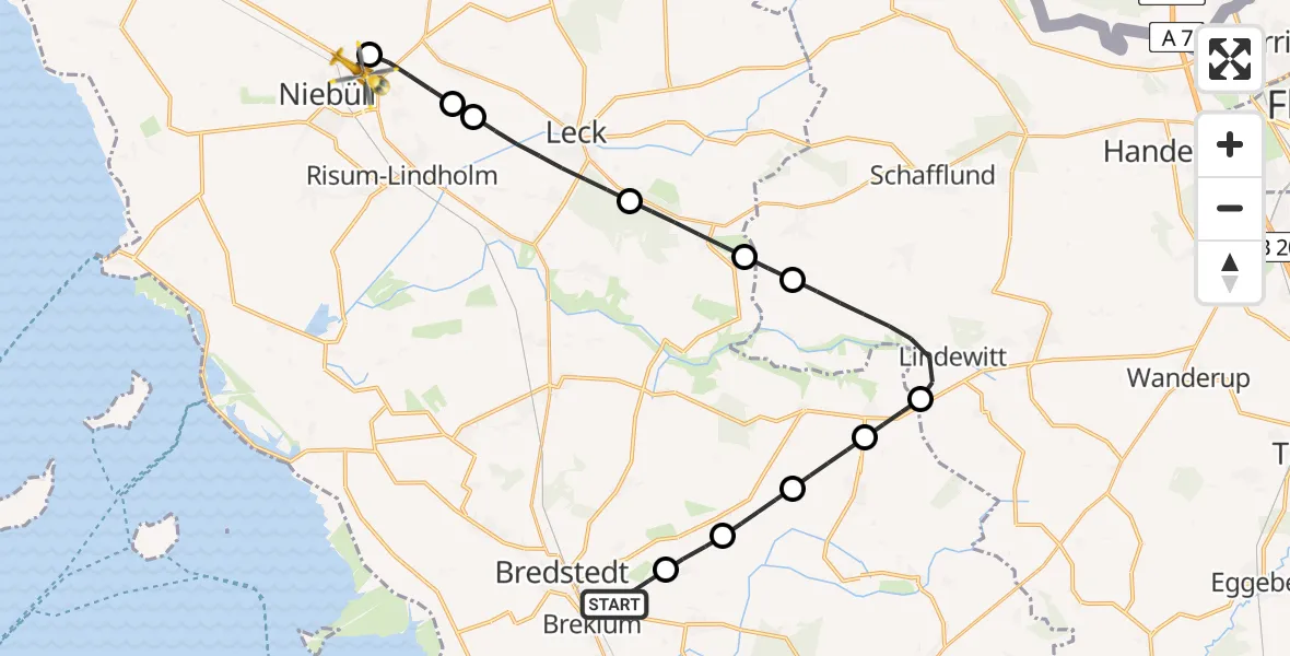 Flugroute Rettungshubschrauber Breklum - Niebüll, 09 Mai 2026, 09:46