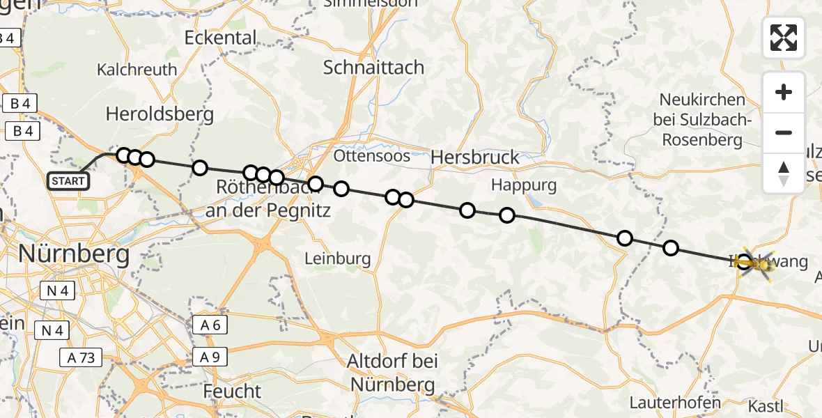 Flugroute Rettungshubschrauber Flughafen Nuremberg - Illschwang, 09 Mai 2026, 09:47