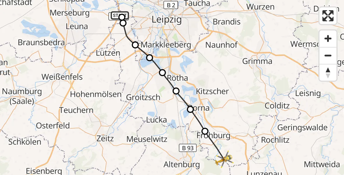 Flugroute Rettungshubschrauber ADAC Air Rescue Station Leipzig/Schkeuditz-Dölzig Hubschrauberlandeplatz (Christoph 61) - Frohburg, 09 Mai 2026, 09:48