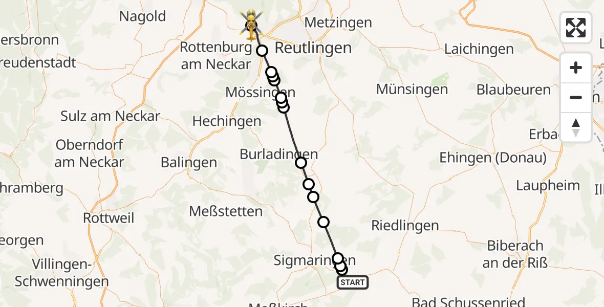Flugroute Rettungshubschrauber Mengen - Tübingen Trauma Hospital, 09 Mai 2026, 09:48