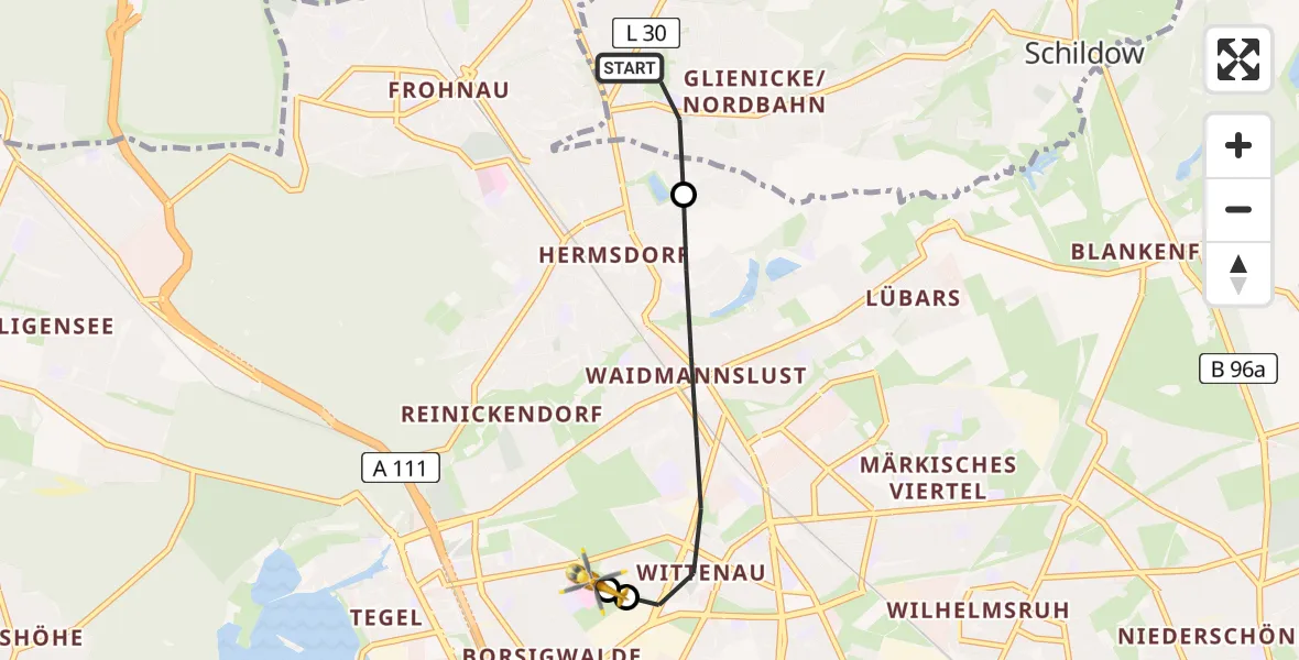 Flugroute Rettungshubschrauber Glienicke/Nordbahn - Vivantes Humboldt Clinic, 09 Mai 2026, 09:48