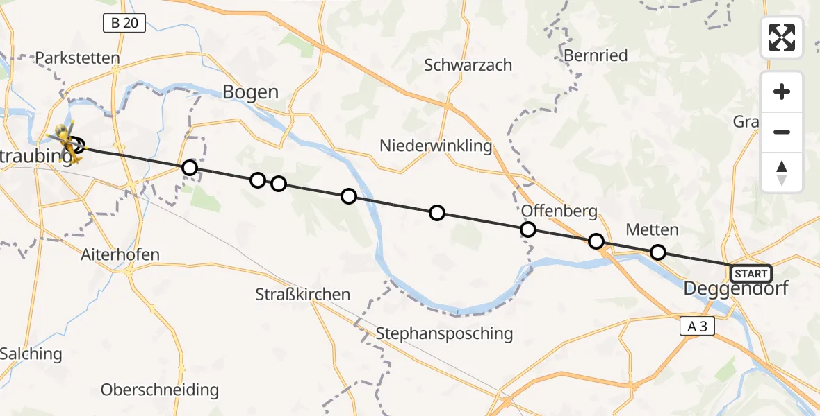 Flugroute Rettungshubschrauber Deggendorf - Sankt Elisabeth Hospital Straubing, 09 Mai 2026, 09:49