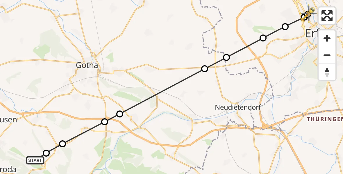 Flugroute Rettungshubschrauber Friedrichroda - Helios Clinic Erfurt, 09 Mai 2026, 09:52