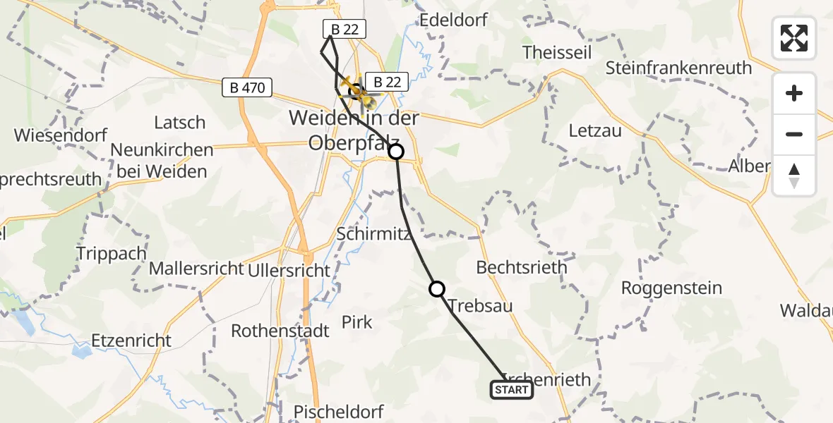 Flugroute Rettungshubschrauber Pirk - Weiden Hospital, 09 Mai 2026, 09:52