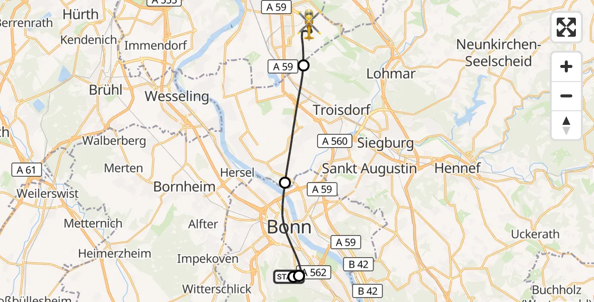 Flugroute Rettungshubschrauber Bonn University Hospital - Köln Bonn Flughafen, 09 Mai 2026, 09:54