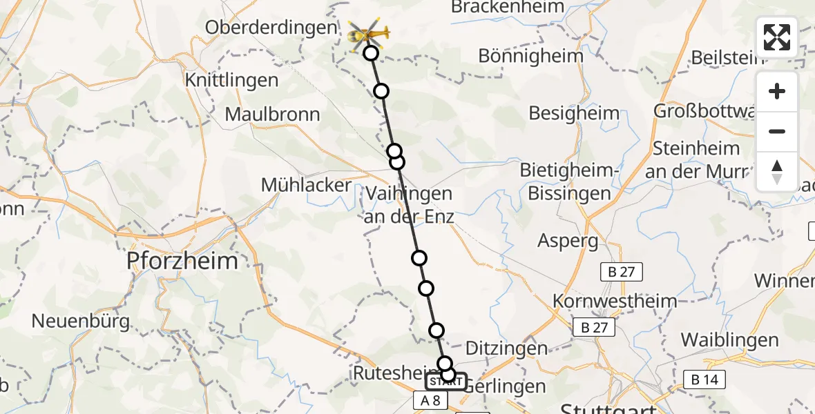 Flugroute Rettungshubschrauber Leonberg Hospital - Zaberfeld, 09 Mai 2026, 09:55