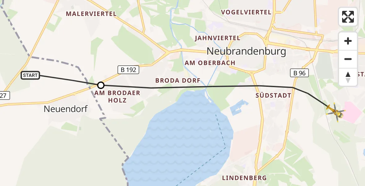 Flugroute Rettungshubschrauber Wulkenzin - Neubrandenburg, 09 Mai 2026, 09:55