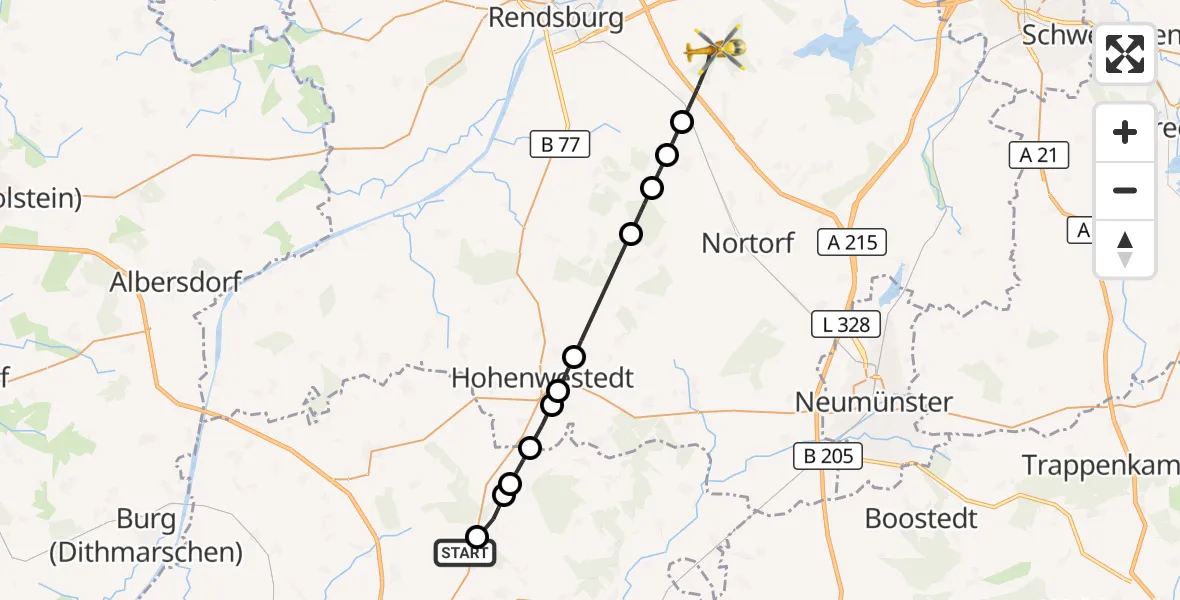 Flugroute Rettungshubschrauber Itzehoe Hungriger Wolf Flugplatz - Emkendorf, 09 Mai 2026, 09:59