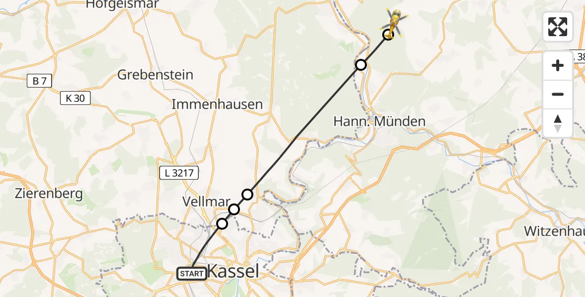 Flugroute Rettungshubschrauber Kassel - Bühren, 09 Mai 2026, 09:59