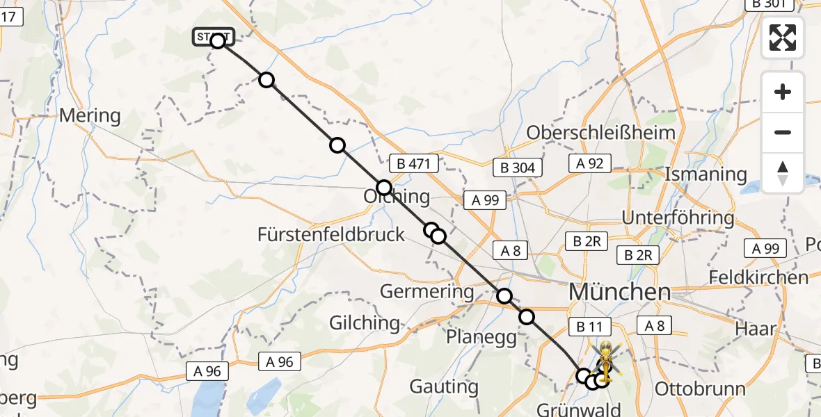 Flugroute Rettungshubschrauber Eurasburg - ADAC Air Rescue Center Hubschrauberlandeplatz (Christoph 1), 09 Mai 2026, 10:02