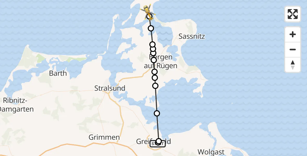Flugroute Rettungshubschrauber Greifswald Hospital - Breege, 09 Mai 2026, 10:02