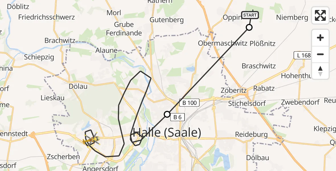 Flugroute Rettungshubschrauber Halle-Oppin Flugplatz - Halle (Saale), 09 Mai 2026, 10:03