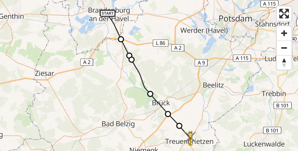 Flugroute Rettungshubschrauber Brandenburg an der Havel - Treuenbrietzen, 09 Mai 2026, 10:06