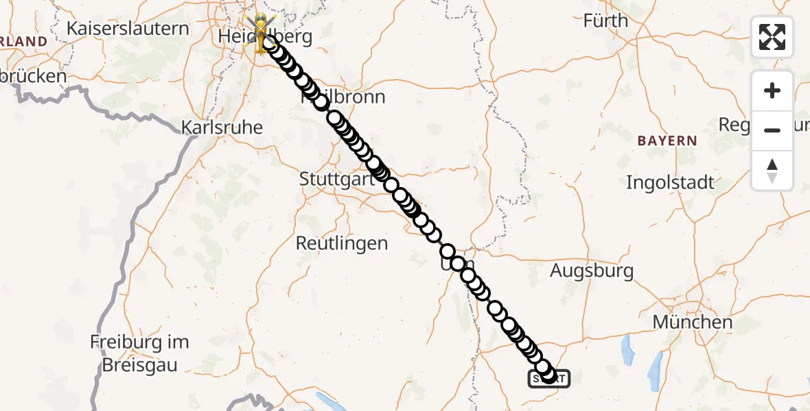 Flugroute Rettungshubschrauber Ostallgäu-Kaufbeuren Hospital - Heidelberg, 09 Mai 2026, 10:06