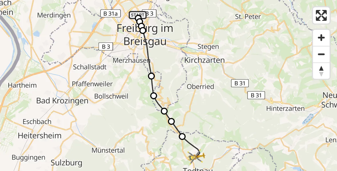 Flugroute Rettungshubschrauber Freiburg im Breisgau Flugplatz - Todtnau, 09 Mai 2026, 10:14