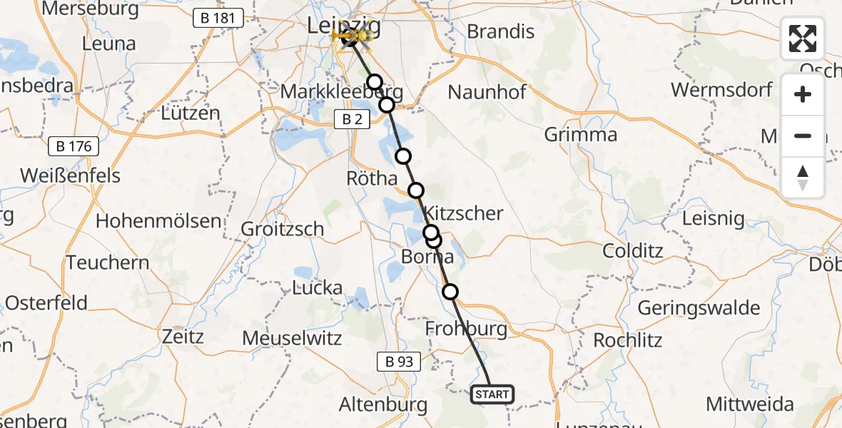 Flugroute Rettungshubschrauber Frohburg - Leipzig University Hospital Heliport 1, 09 Mai 2026, 10:15