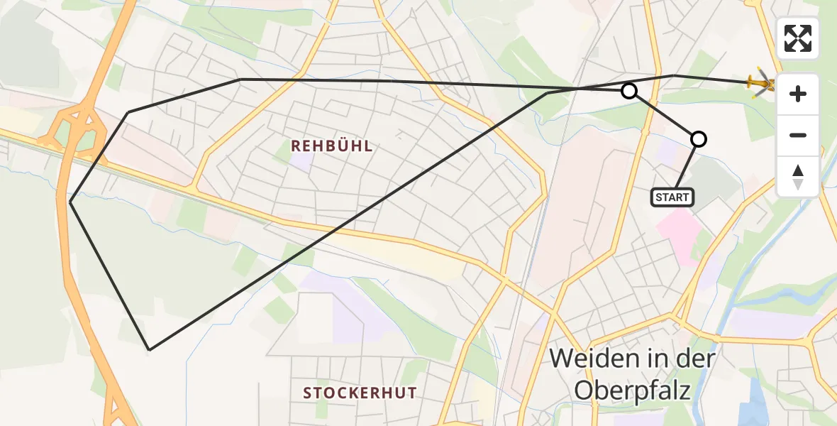 Flugroute Rettungshubschrauber Weiden Hospital - Weiden i.d.OPf., 09 Mai 2026, 10:17