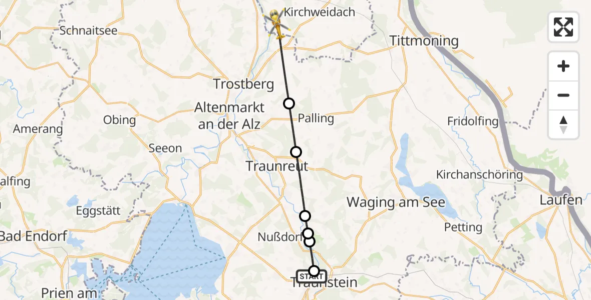 Flugroute Rettungshubschrauber Traunstein Hospital - Feichten a.d.Alz, 09 Mai 2026, 10:20
