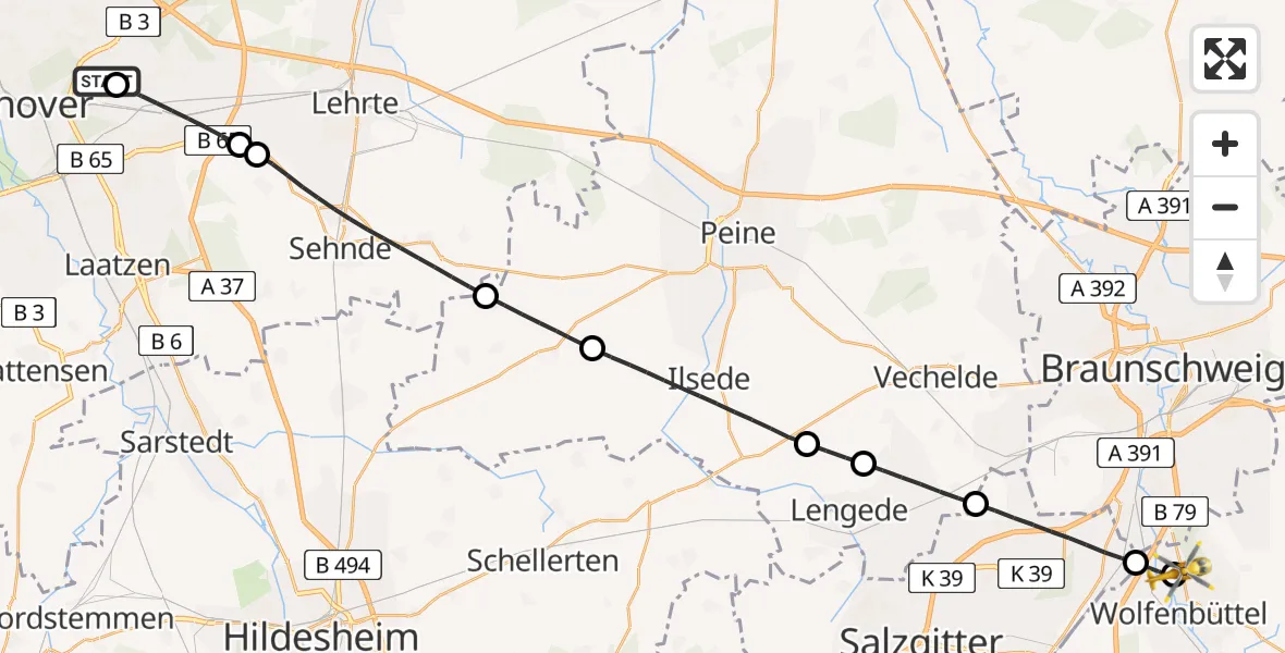 Flugroute Rettungshubschrauber Hannover Luftrettung Hubschrauberlandeplatz (Christoph 4) - Wolfenbüttel Municipal Hospital Heliport (Christoph 30), 09 Mai 2026, 10:23