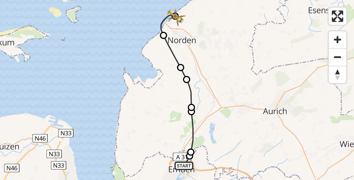 Flugroute Ambulanzhubschrauber Emden - Norden-Norddeich Flughafen, 09 Mai 2026, 10:26