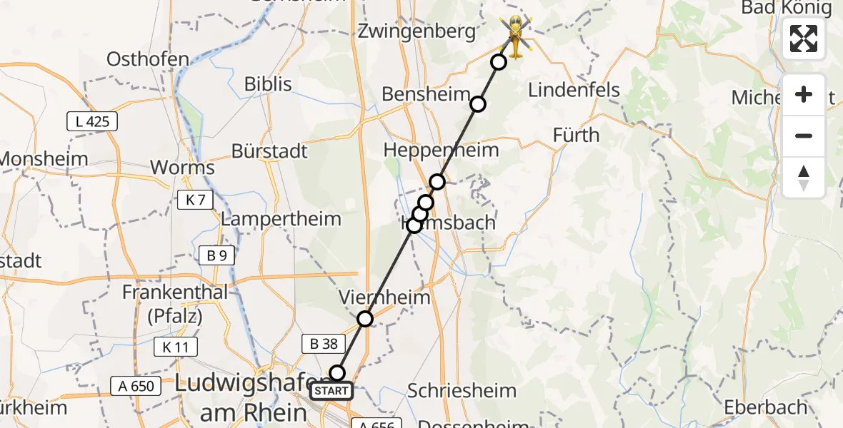 Flugroute Rettungshubschrauber Mannheim-City Flughafen - Lautertal (Odenwald), 09 Mai 2026, 10:26