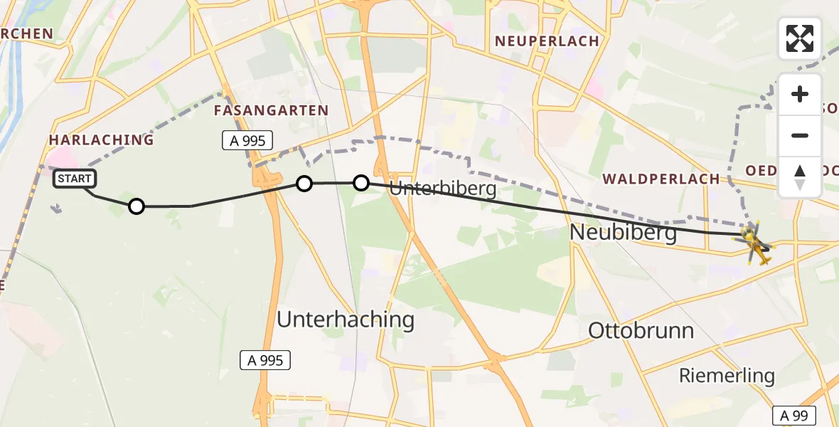 Flugroute Rettungshubschrauber ADAC Air Rescue Center Hubschrauberlandeplatz (Christoph 1) - Neubiberg, 09 Mai 2026, 10:41