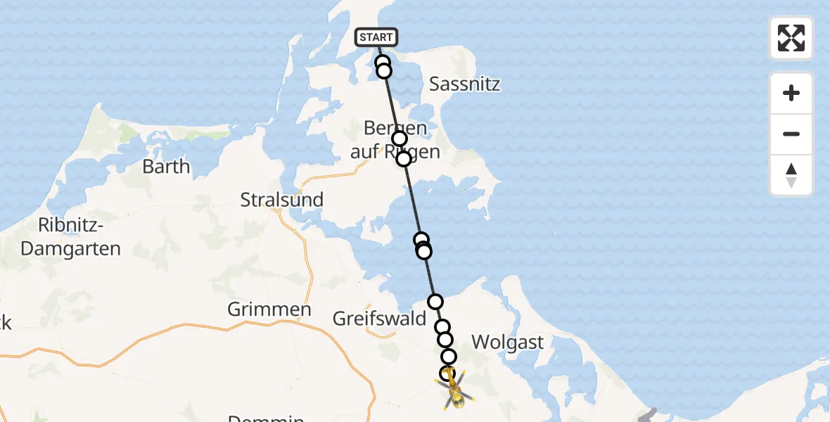 Flugroute Rettungshubschrauber Breege - Karlsburg, 09 Mai 2026, 10:46