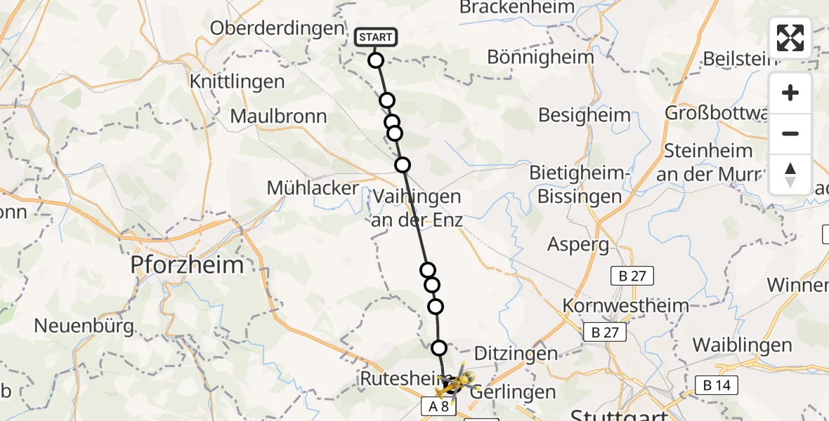 Flugroute Rettungshubschrauber Zaberfeld - Leonberg Hospital, 09 Mai 2026, 10:46