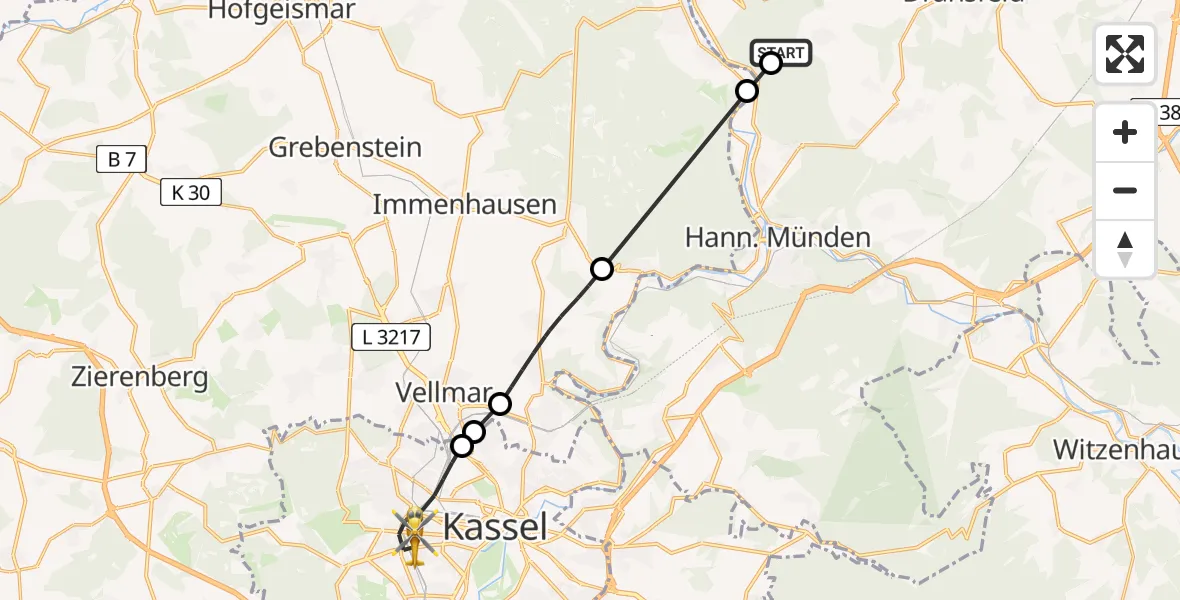 Flugroute Rettungshubschrauber Bühren - Kassel, 09 Mai 2026, 10:49