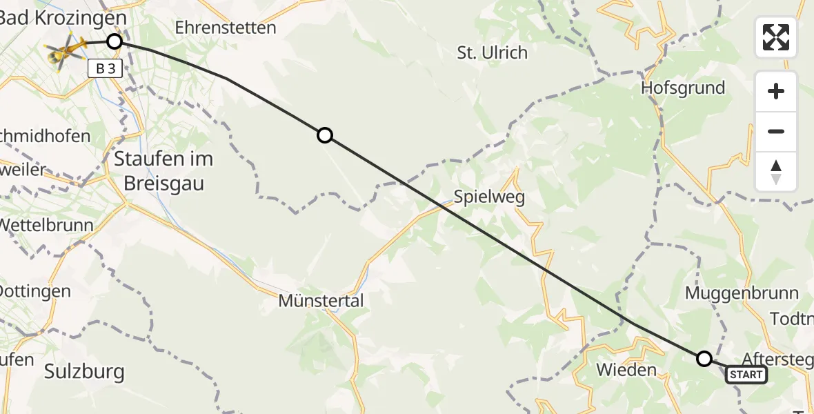 Flugroute Rettungshubschrauber Todtnau - Bad Krozingen, 09 Mai 2026, 10:49