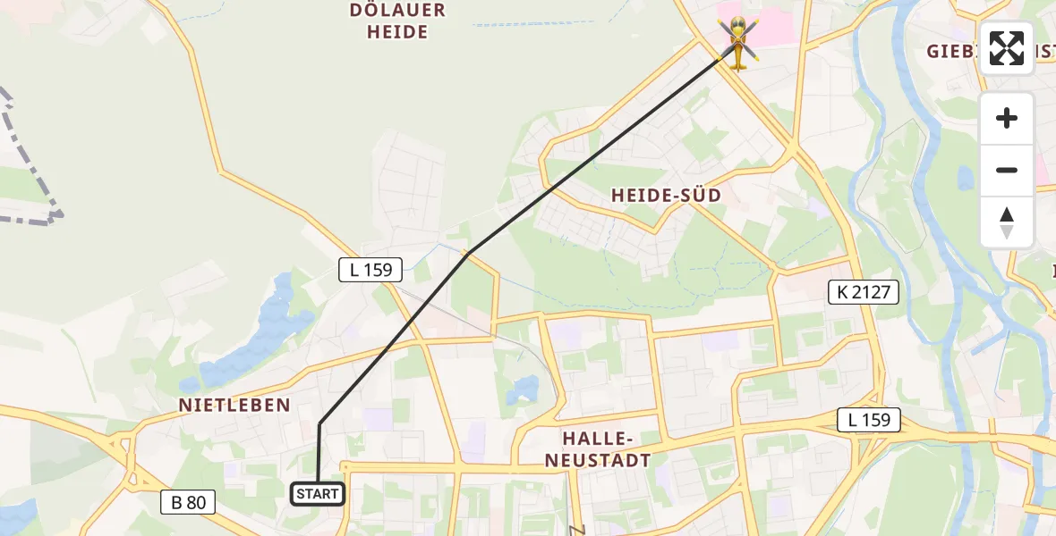 Flugroute Rettungshubschrauber Halle (Saale) - Halle (Saale) University Hospital, 09 Mai 2026, 10:49