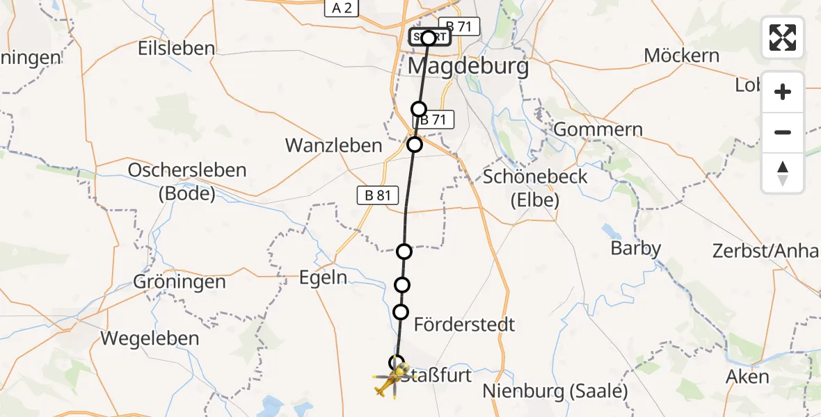 Flugroute Rettungshubschrauber Magdeburg Hospital - Hecklingen, 09 Mai 2026, 10:49