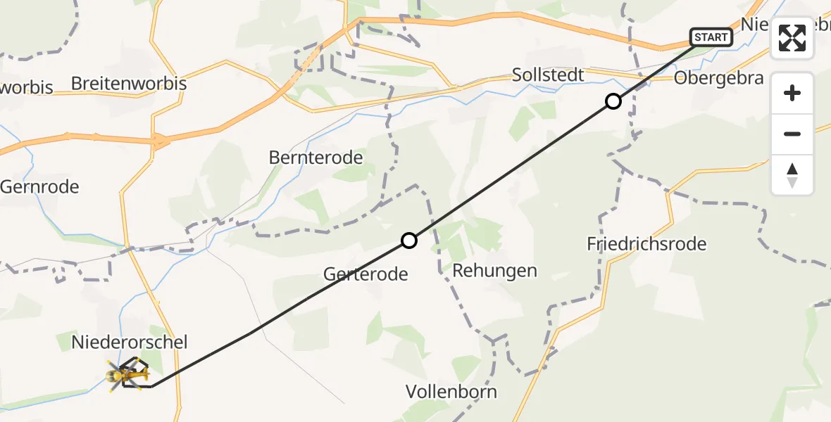Flugroute Rettungshubschrauber Bleicherode - Niederorschel, 09 Mai 2026, 10:52