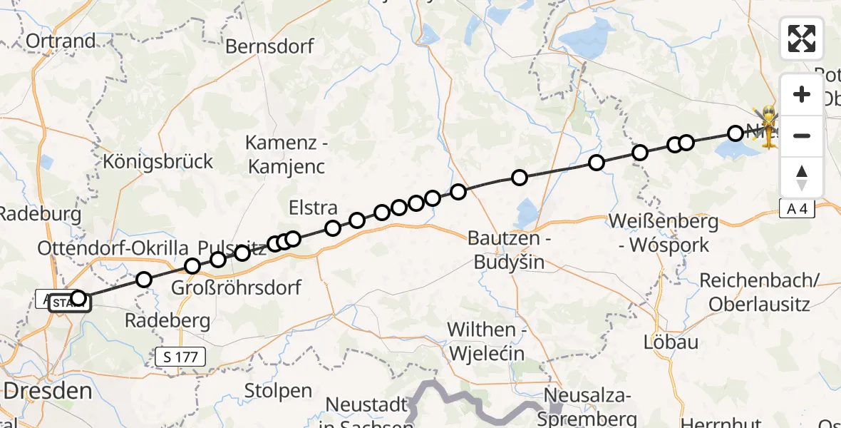 Flugroute Rettungshubschrauber Dresden Bundespolizei Hubschrauberlandeplatz - Niesky, 09 Mai 2026, 10:52