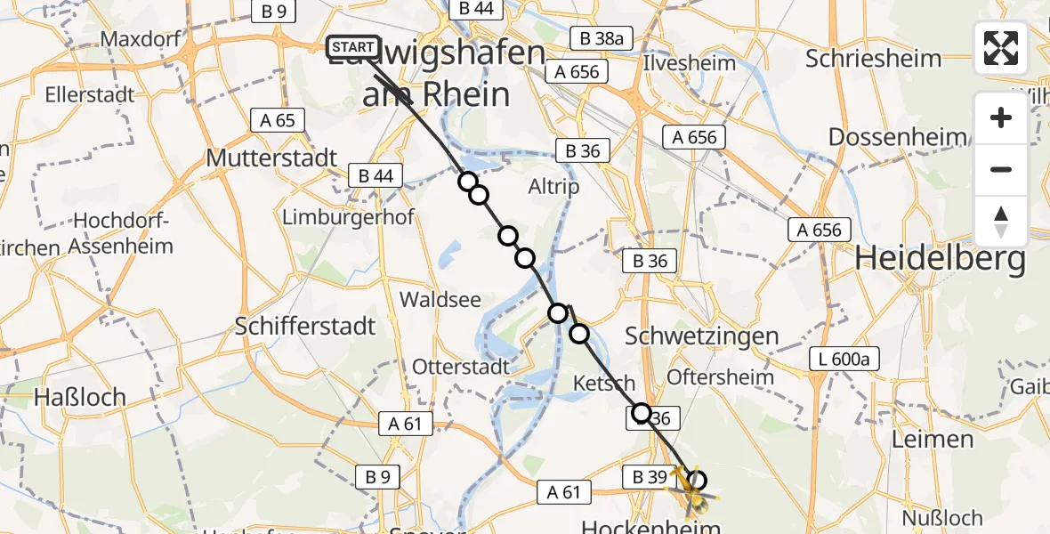 Flugroute Rettungshubschrauber Ludwigshafen am Rhein - Hockenheim, 09 Mai 2026, 10:53