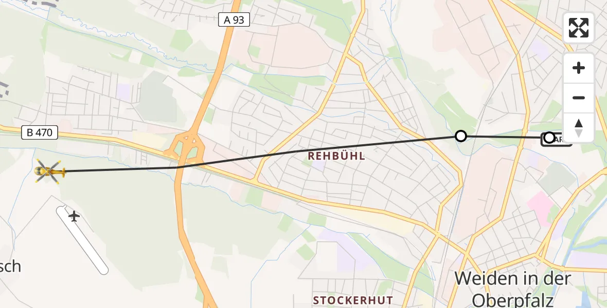 Flugroute Rettungshubschrauber Weiden Hospital - Weiden i.d.OPf., 09 Mai 2026, 10:54