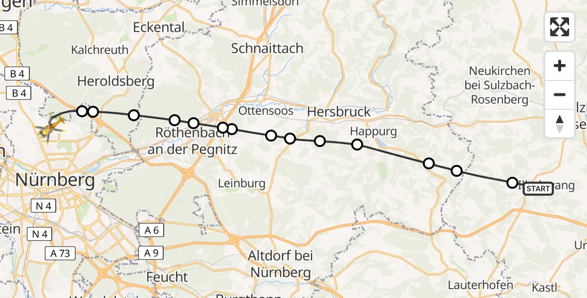 Flugroute Rettungshubschrauber Illschwang - Flughafen Nuremberg, 09 Mai 2026, 10:55