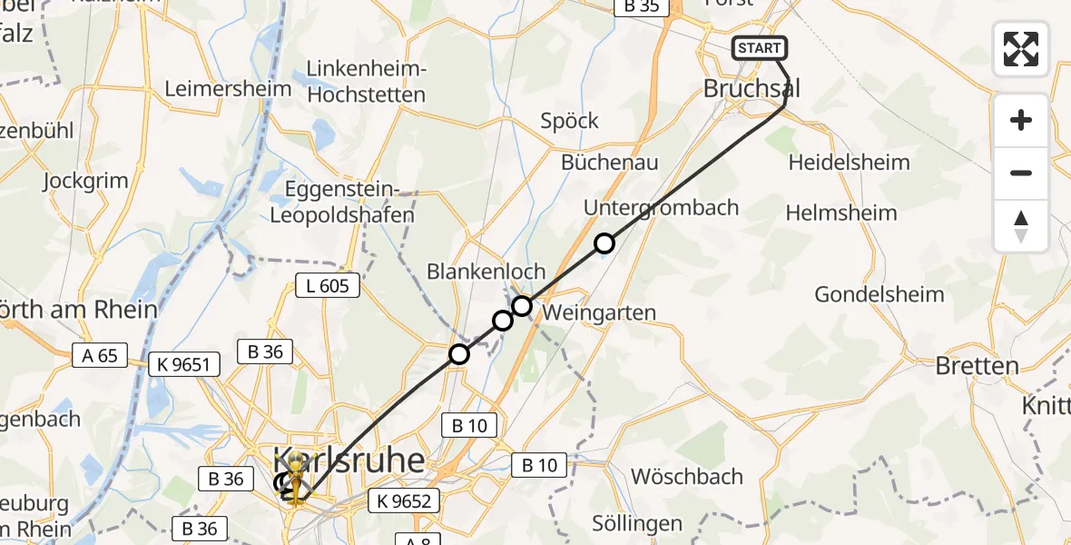 Flugroute Rettungshubschrauber Bruchsal - Sankt Vincentius Hospital, 09 Mai 2026, 10:56